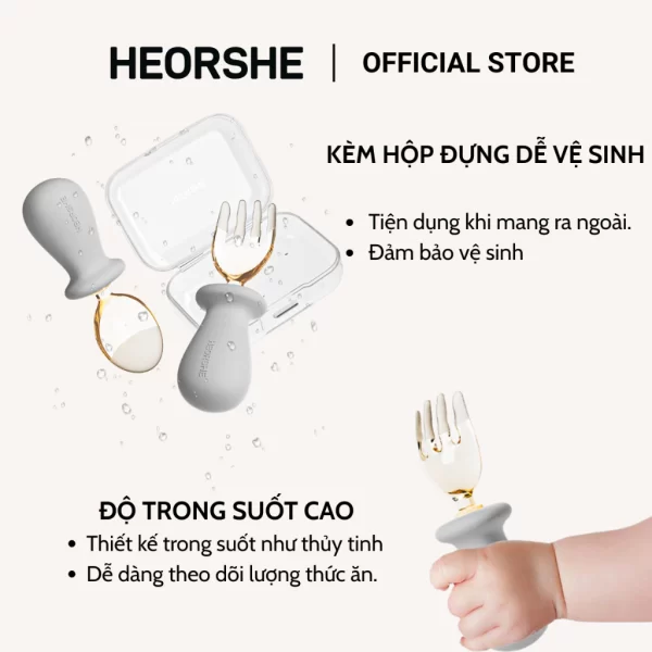 Bộ thìa nĩa Tiny nhựa PPSU kèm hộp HEORSHE tay cầm Silicone thiết kế công thái học