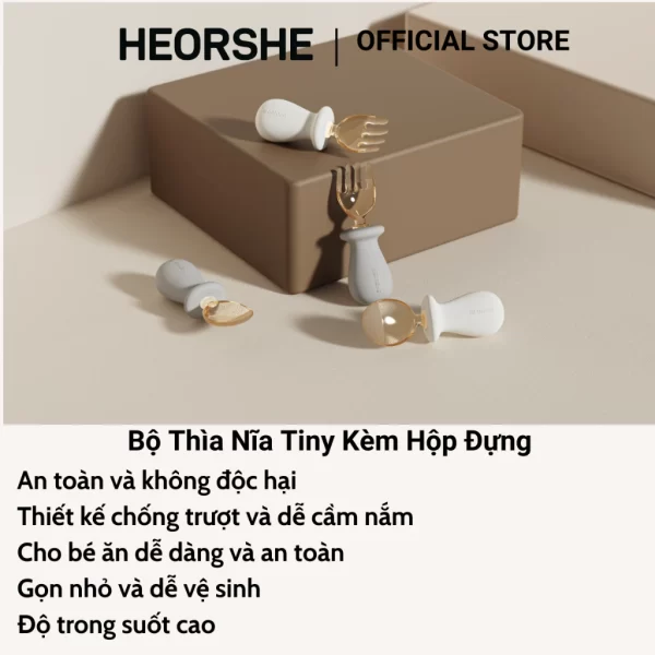 Bộ thìa nĩa Tiny nhựa PPSU kèm hộp HEORSHE tay cầm Silicone thiết kế công thái học - Hình ảnh 4